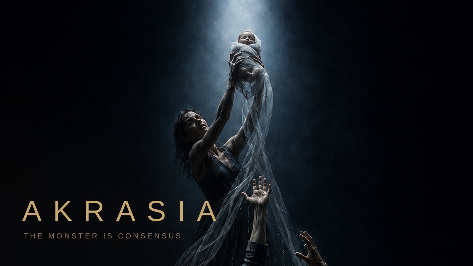 AKRASIA concept key art — a woman lifts a swaddled infant into a shaft of light as hands reach up from darkness