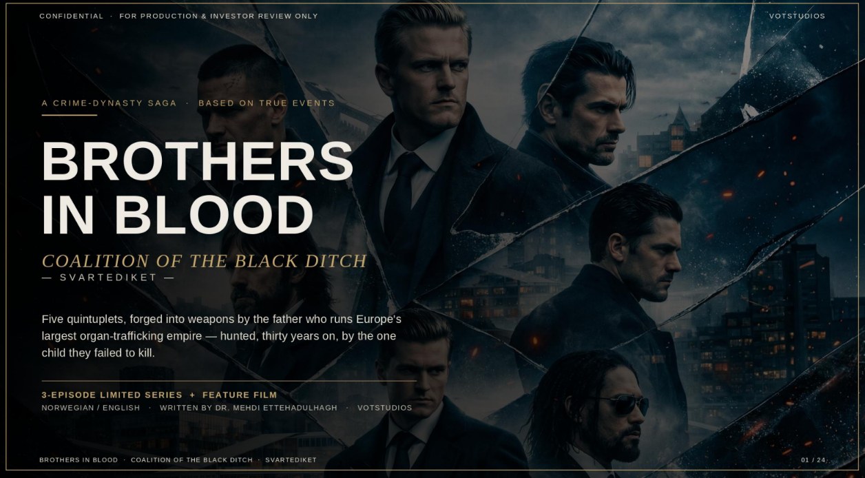 BROTHERS IN BLOOD concept key art — five men in a fractured city composite